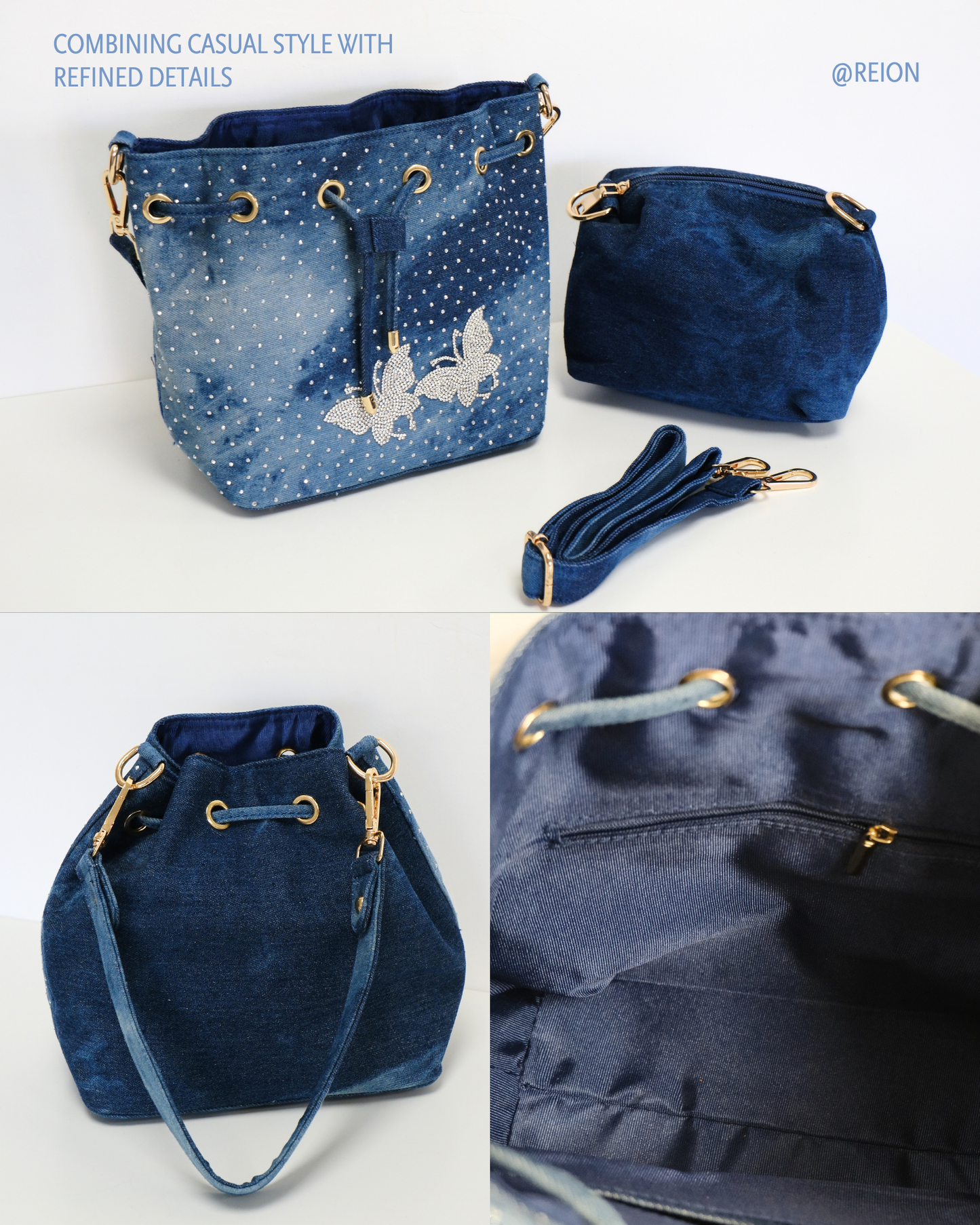 RO81992-26MY Shimmering Butterfly Drawstring Denim Bucket Bag Set