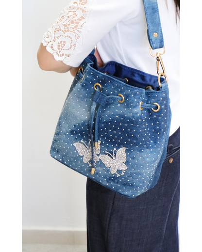 RO81992-26MY Shimmering Butterfly Drawstring Denim Bucket Bag Set