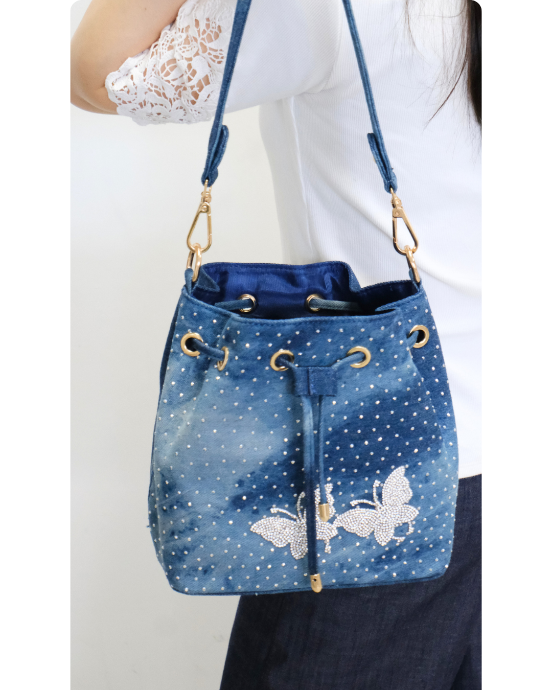 RO81992-26MY Shimmering Butterfly Drawstring Denim Bucket Bag Set