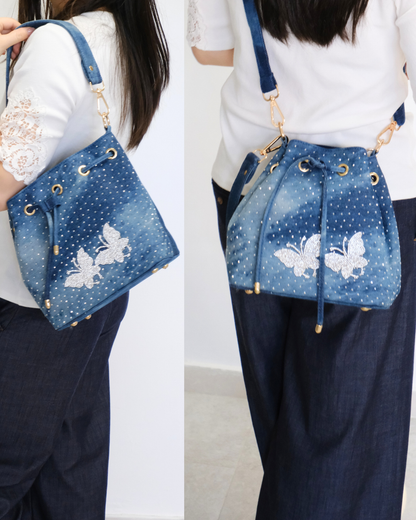 RO81992-26MY Shimmering Butterfly Drawstring Denim Bucket Bag Set