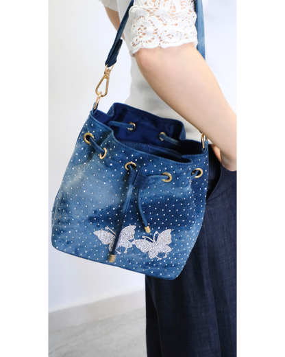 RO81992-26MY Shimmering Butterfly Drawstring Denim Bucket Bag Set