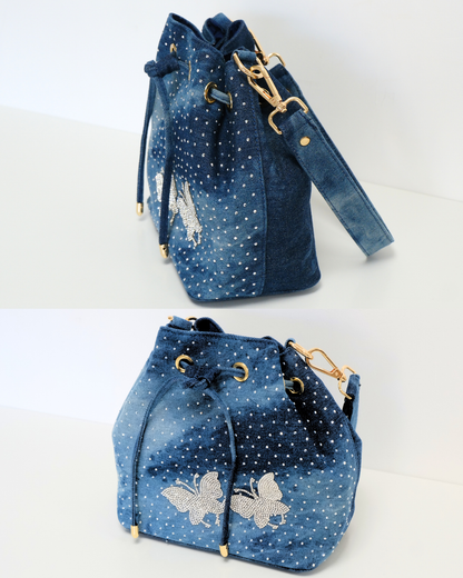 RO81992-26MY Shimmering Butterfly Drawstring Denim Bucket Bag Set