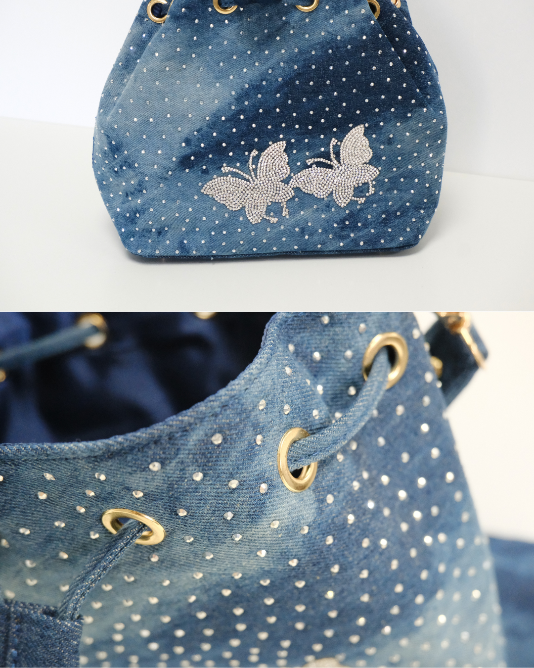 RO81992-26MY Shimmering Butterfly Drawstring Denim Bucket Bag Set