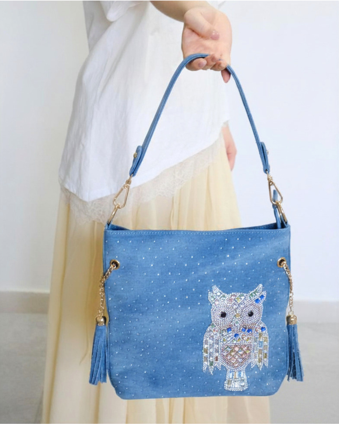 RO6020BMY Crystal Owl Tassel Denim Bag