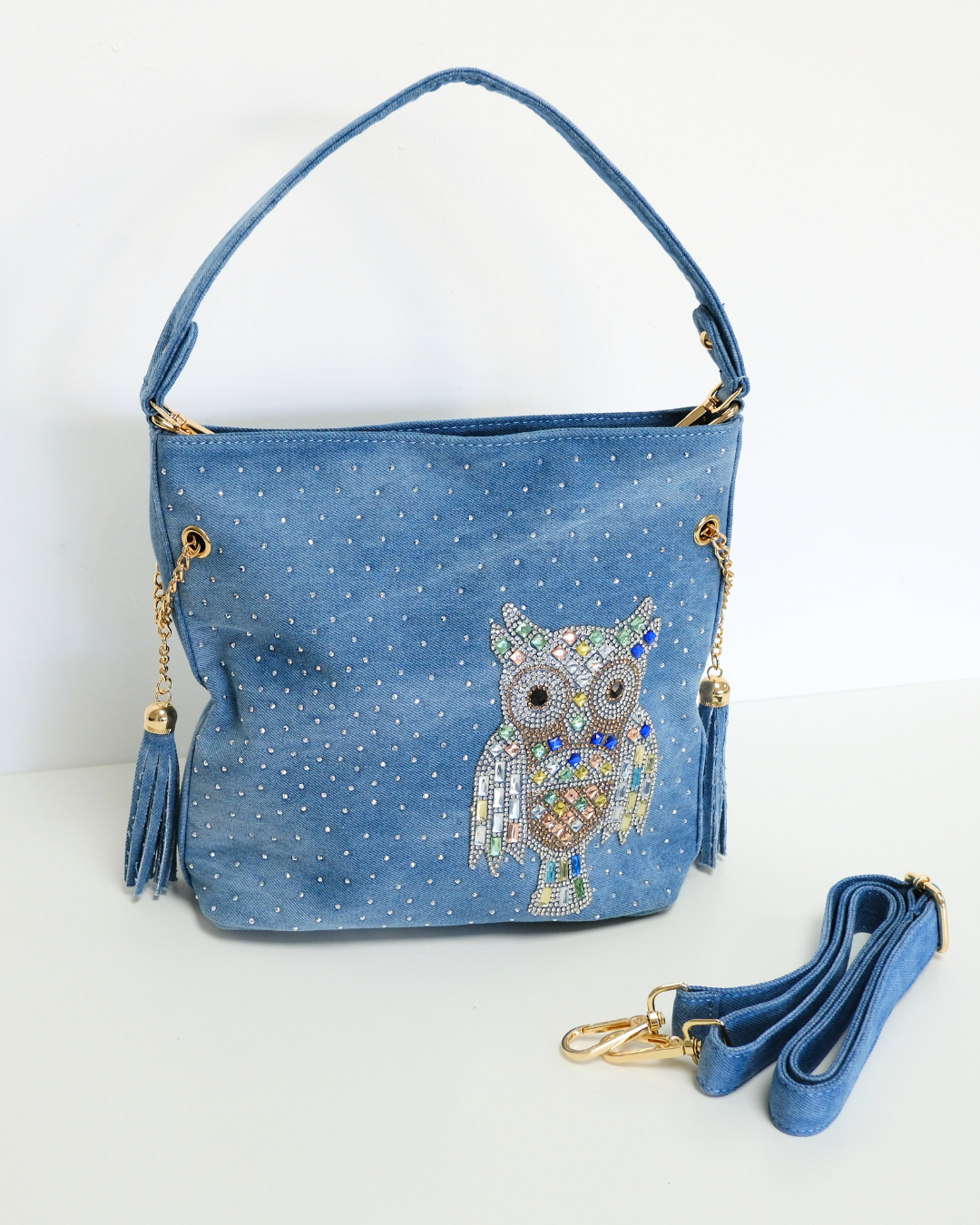 RO6020BMY Crystal Owl Tassel Denim Bag