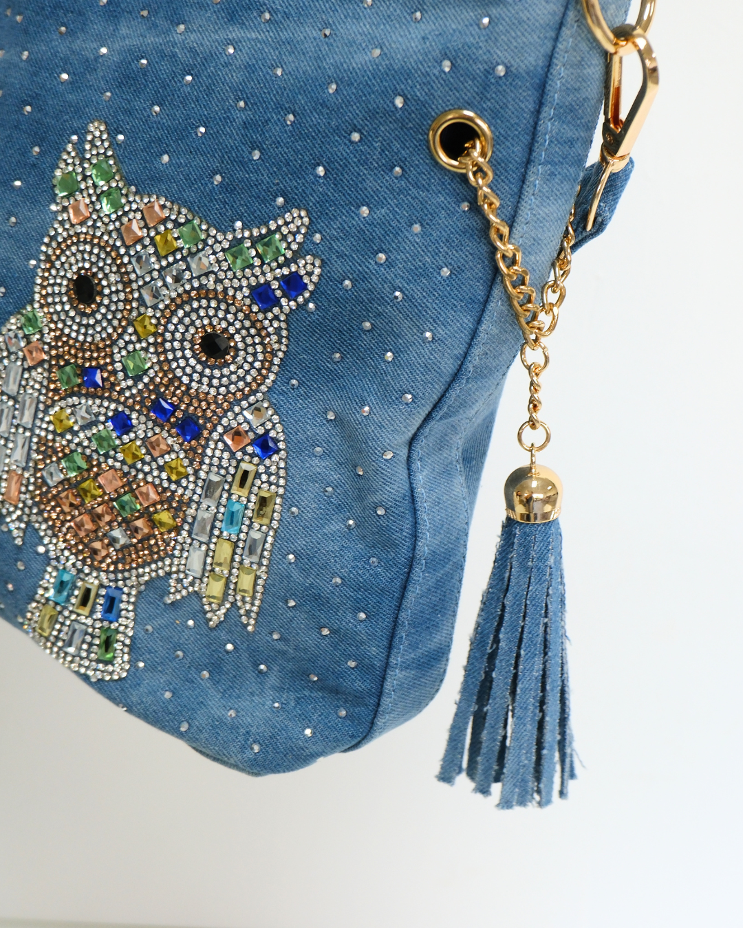 RO6020BMY Crystal Owl Tassel Denim Bag