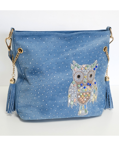RO6020BMY Crystal Owl Tassel Denim Bag