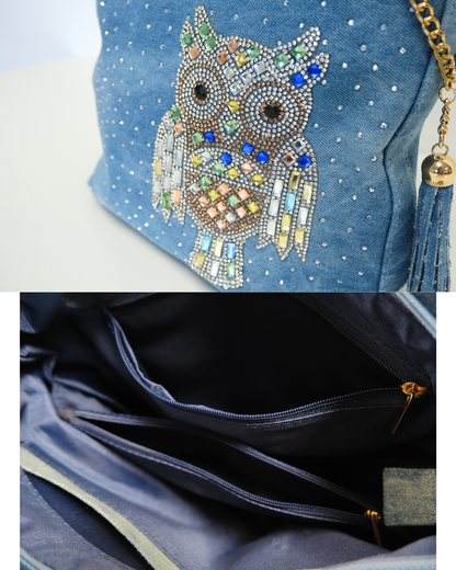 RO6020BMY Crystal Owl Tassel Denim Bag