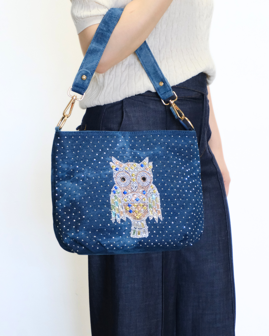 RO81976BMY Shimmering Owl Denim Shoulder Bag