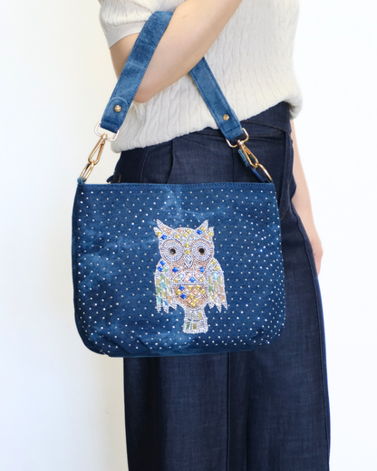 RO81976BMY Shimmering Owl Denim Shoulder Bag