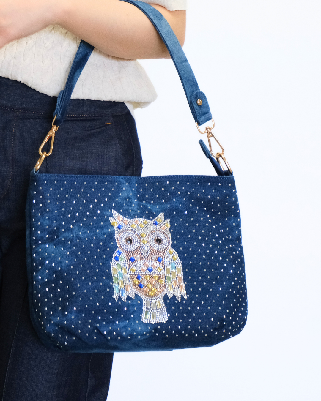 RO81976BMY Shimmering Owl Denim Shoulder Bag