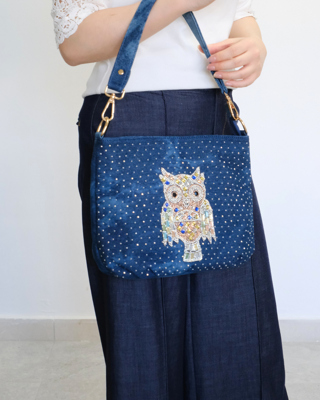 RO81976BMY Shimmering Owl Denim Shoulder Bag