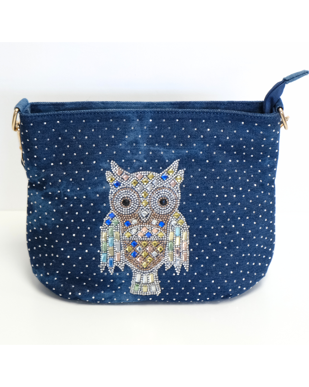 RO81976BMY Shimmering Owl Denim Shoulder Bag