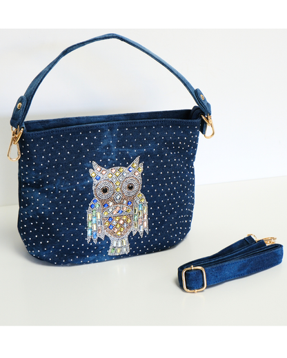 RO81976BMY Shimmering Owl Denim Shoulder Bag