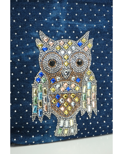 RO81976BMY Shimmering Owl Denim Shoulder Bag