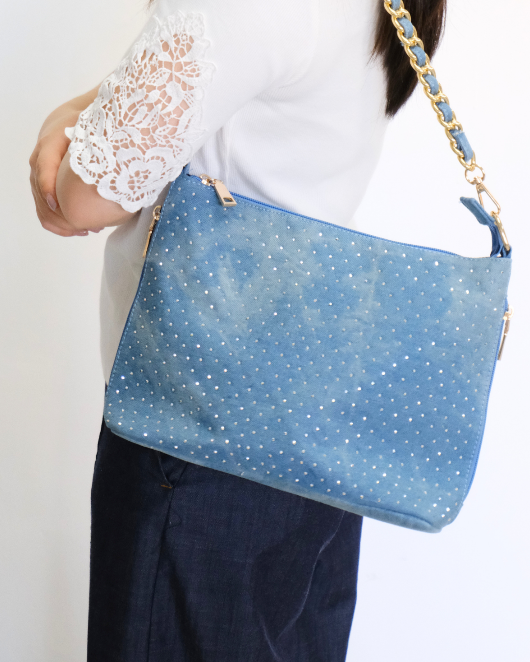 RO8556HMY Shimmering Denim Chain Shoulder Bag