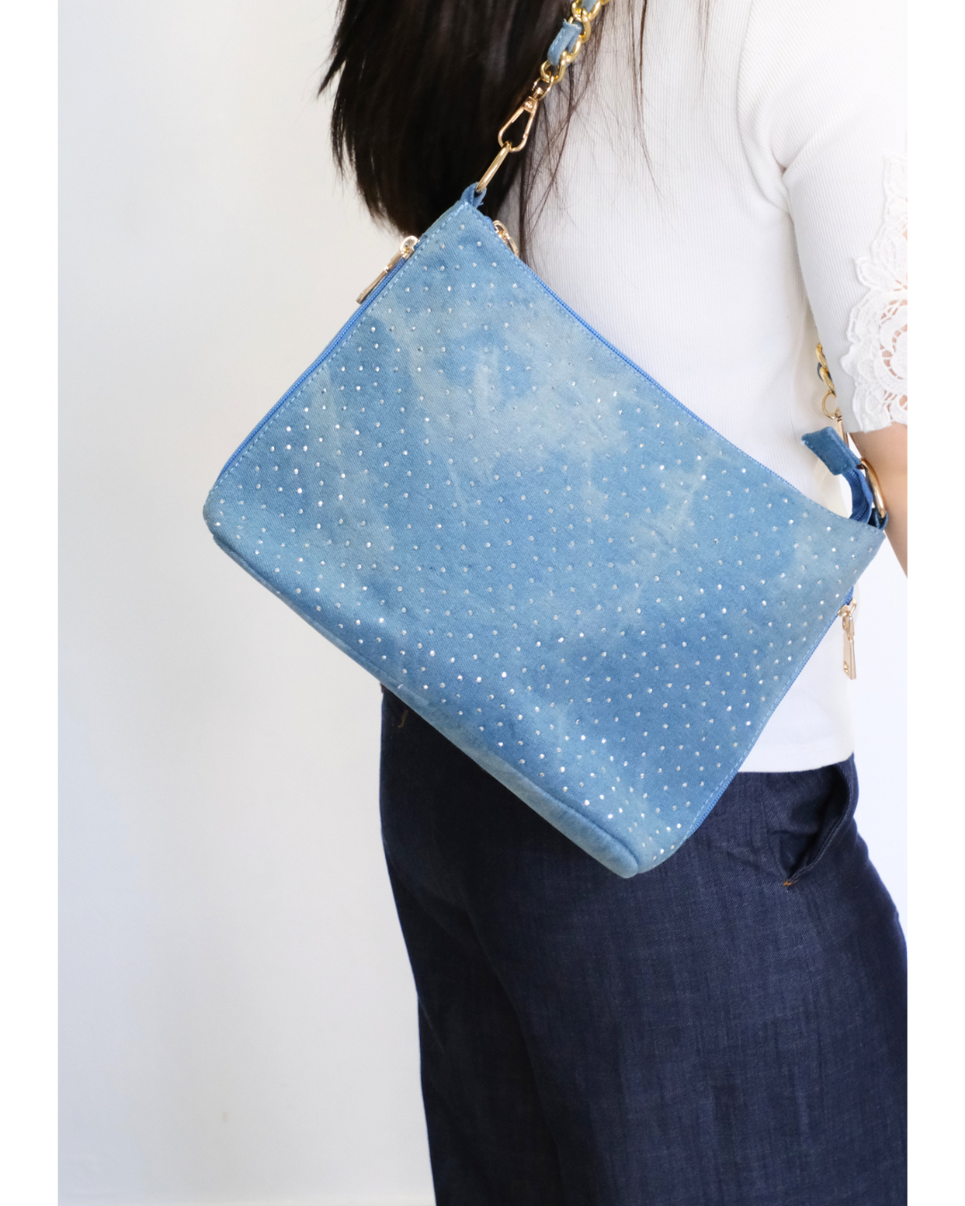 RO8556HMY Shimmering Denim Chain Shoulder Bag