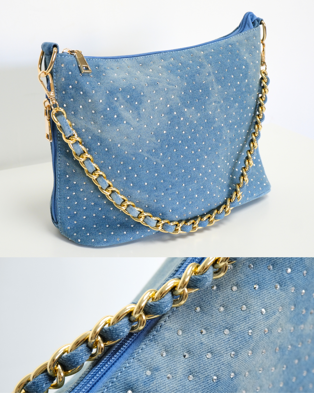 RO8556HMY Shimmering Denim Chain Shoulder Bag