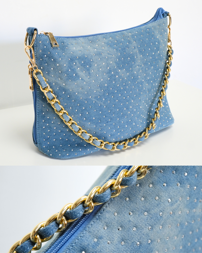 RO8556HMY Shimmering Denim Chain Shoulder Bag