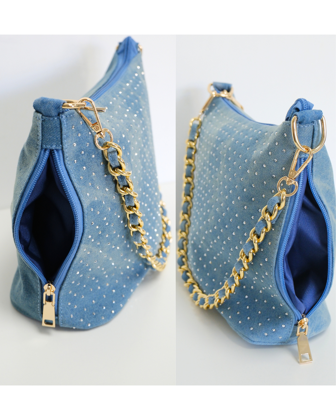 RO8556HMY Shimmering Denim Chain Shoulder Bag