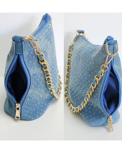 RO8556HMY Shimmering Denim Chain Shoulder Bag