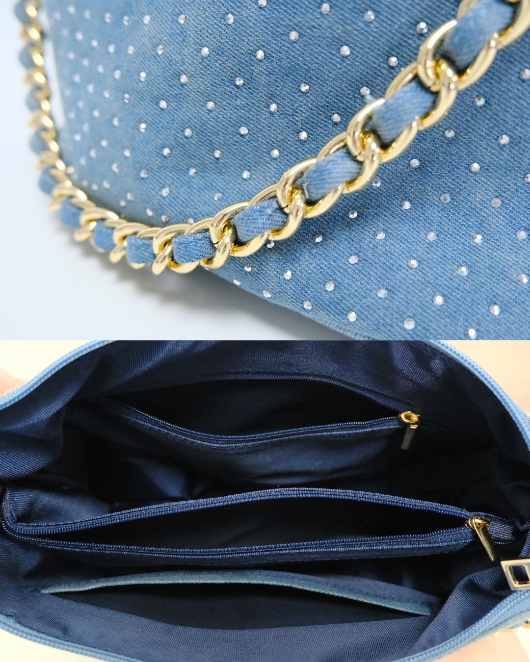 RO8556HMY Shimmering Denim Chain Shoulder Bag