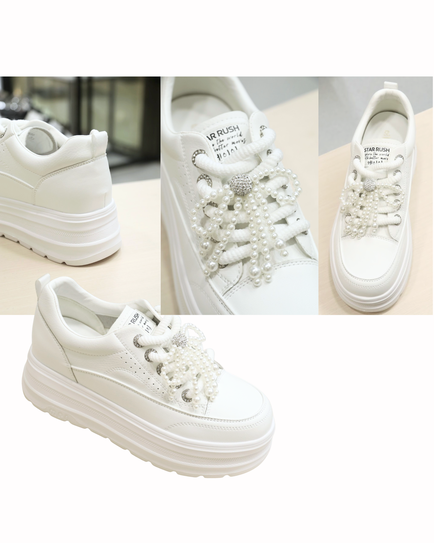 RO5809 Pearl & Rhinestone Ribbon Platform Casual Sneakers