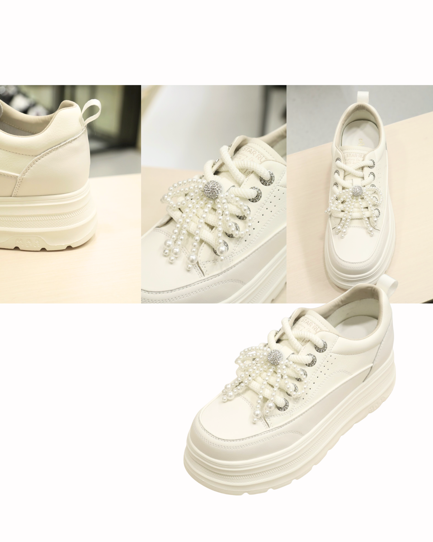 RO5809 Pearl & Rhinestone Ribbon Platform Casual Sneakers