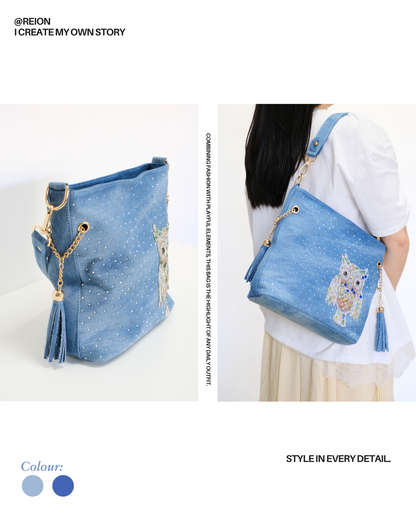RO6020BMY Crystal Owl Tassel Denim Bag