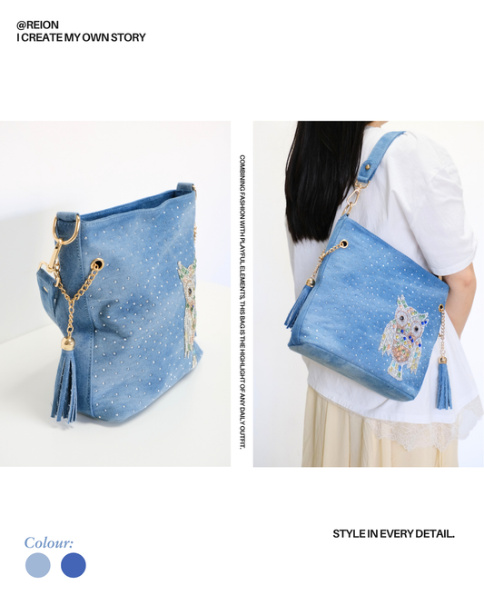 RO6020BMY Crystal Owl Tassel Denim Bag