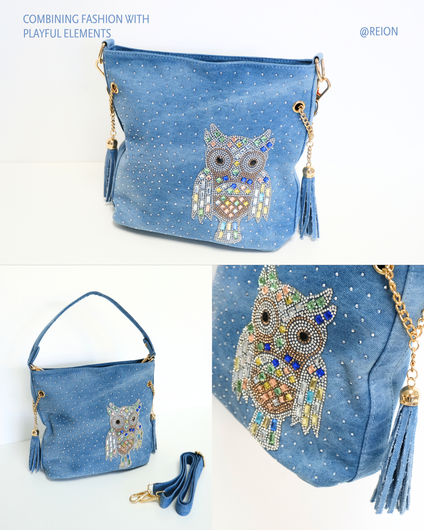 RO6020BMY Crystal Owl Tassel Denim Bag