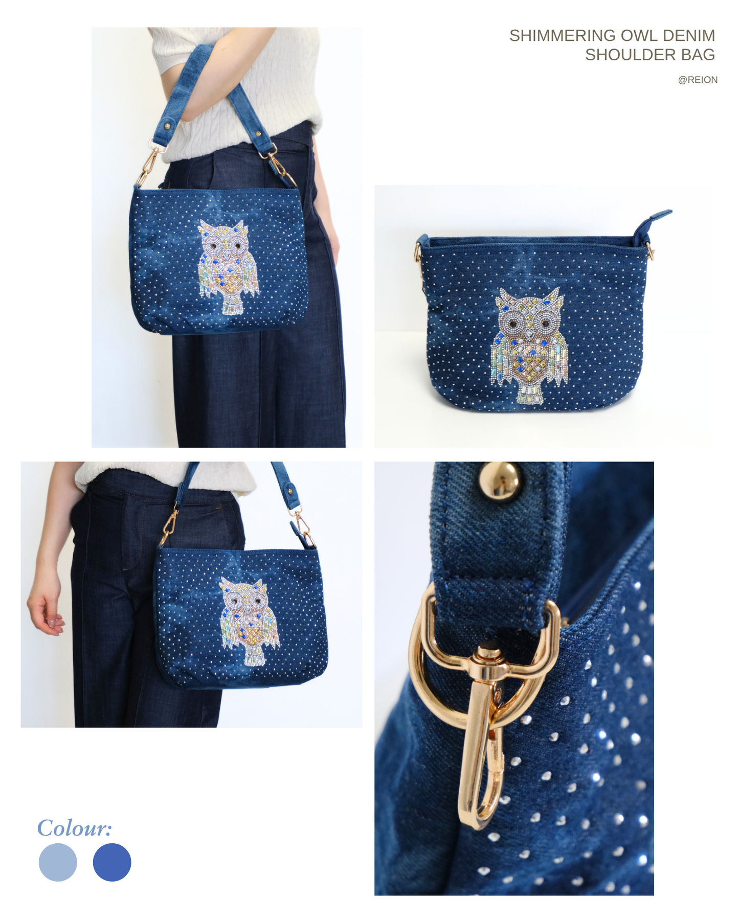 RO81976BMY Shimmering Owl Denim Shoulder Bag