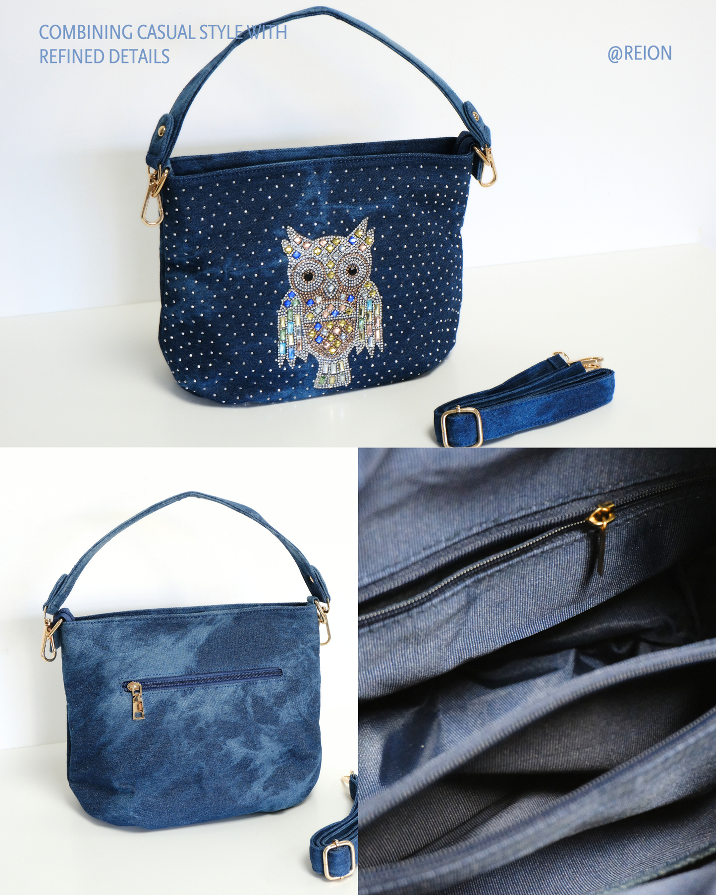 RO81976BMY Shimmering Owl Denim Shoulder Bag