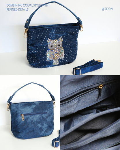 RO81976BMY Shimmering Owl Denim Shoulder Bag