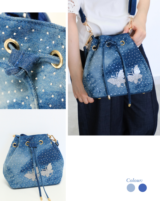 RO81992-26MY Shimmering Butterfly Drawstring Denim Bucket Bag Set