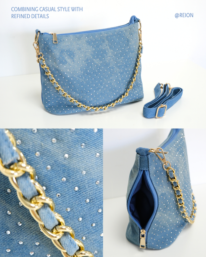 RO8556HMY Shimmering Denim Chain Shoulder Bag