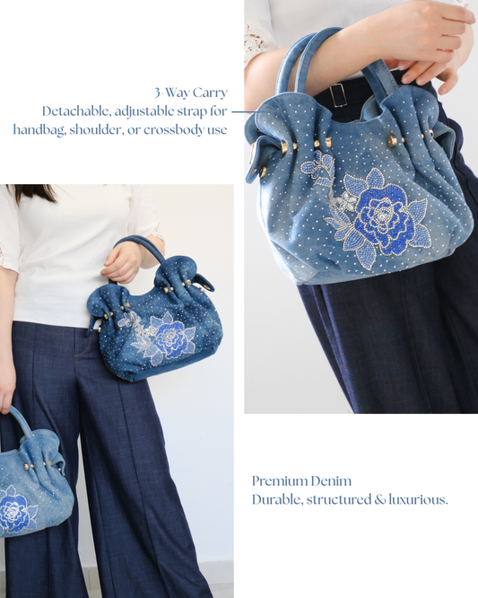 RO9703-6MY Floral Embellished Denim Bag