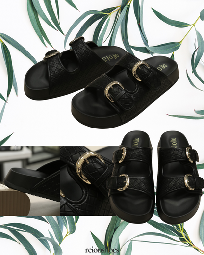 ROA6382 Embossed Metal-Buckle Double-Strap Slides