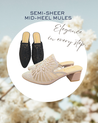 ROF7030 Floral Rhinestone Semi-Sheer Mid-Heel Mules