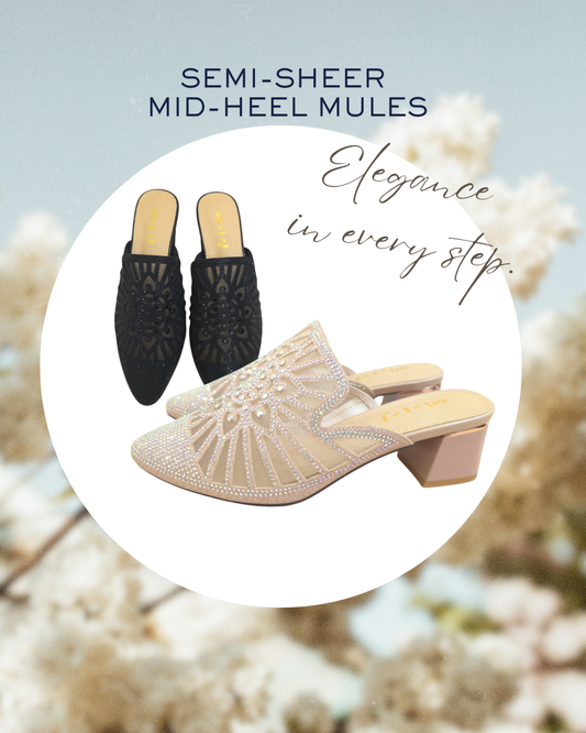 ROF7030 Floral Rhinestone Semi-Sheer Mid-Heel Mules