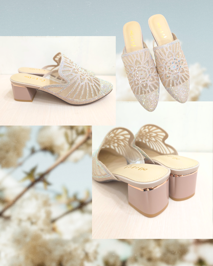 ROF7030 Floral Rhinestone Semi-Sheer Mid-Heel Mules