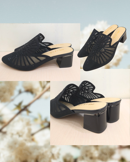 ROF7030 Floral Rhinestone Semi-Sheer Mid-Heel Mules