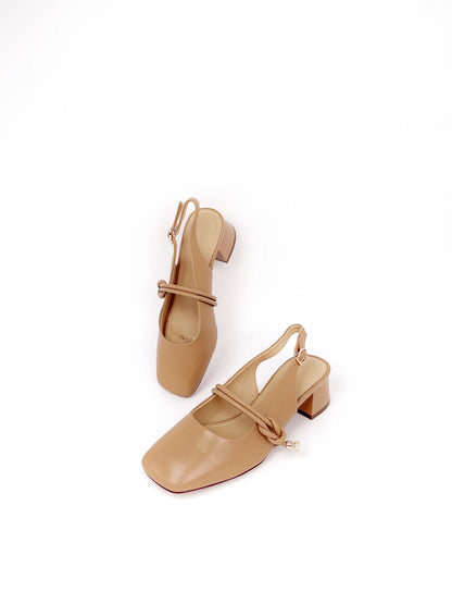 圓帶珍珠扣中跟涼鞋 Round Strap Pearl Buckle Mid-heel Slingbacks