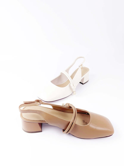 圓帶珍珠扣中跟涼鞋 Round Strap Pearl Buckle Mid-heel Slingbacks