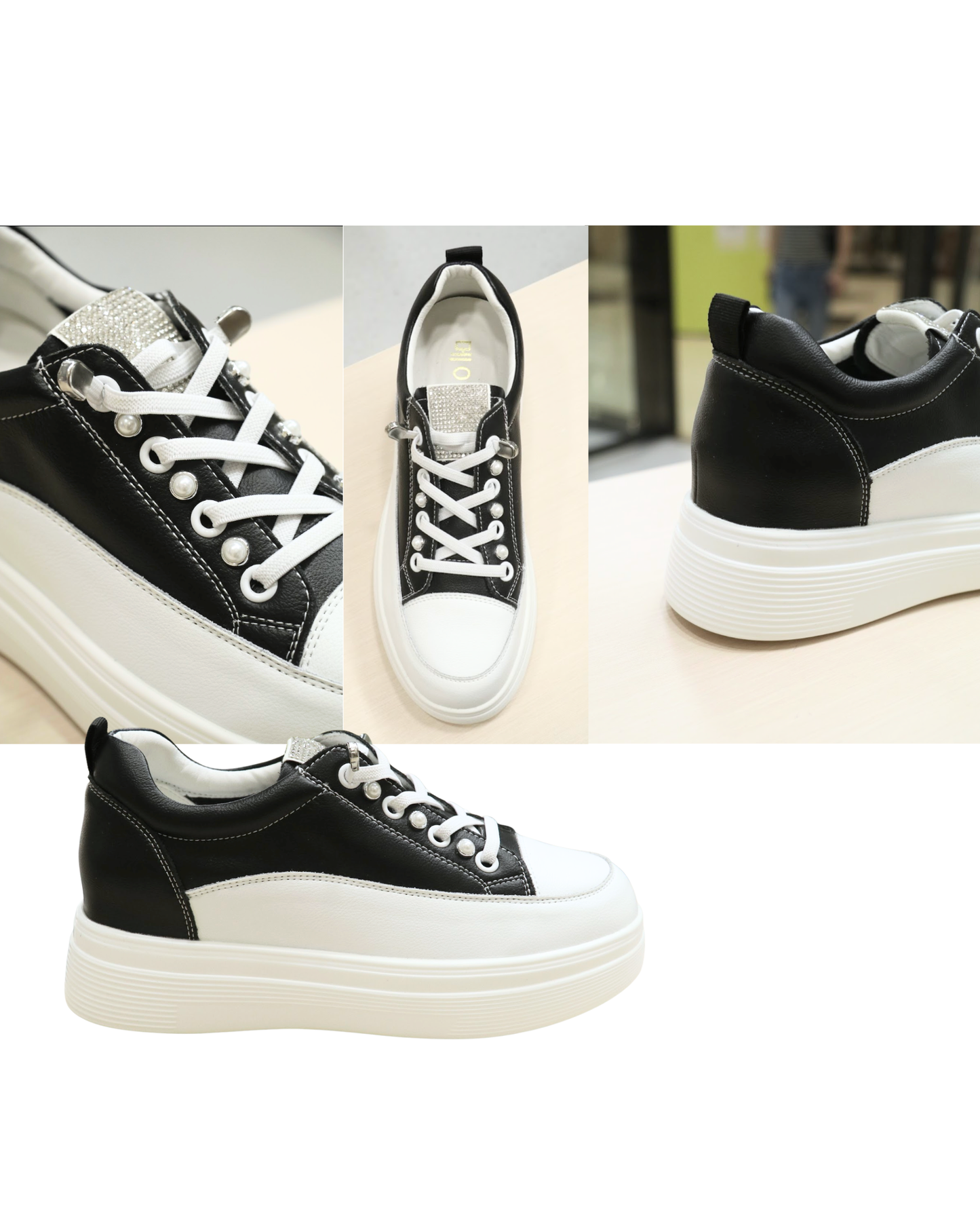 RO6M8795MY Pearl & Rhinestone Color-Block Platform Casual Sneakers