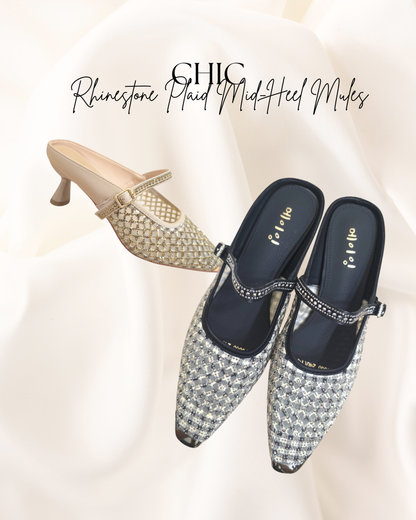 ROF6060 Rhinestone Plaid Mid-Heel Mules