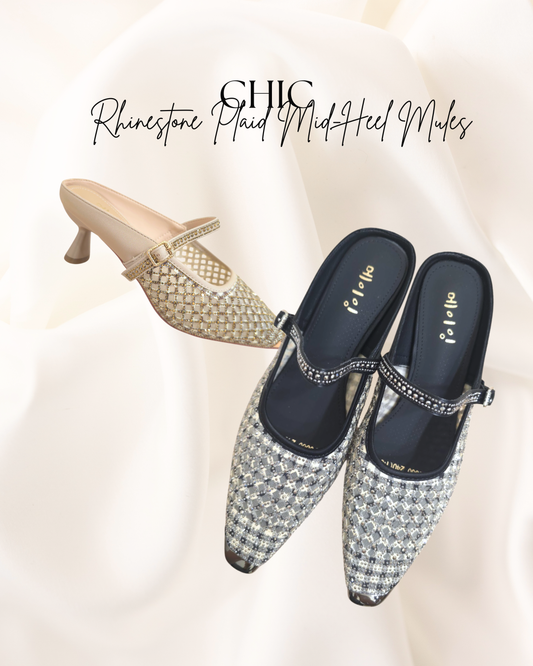 ROF6060 Rhinestone Plaid Mid-Heel Mules