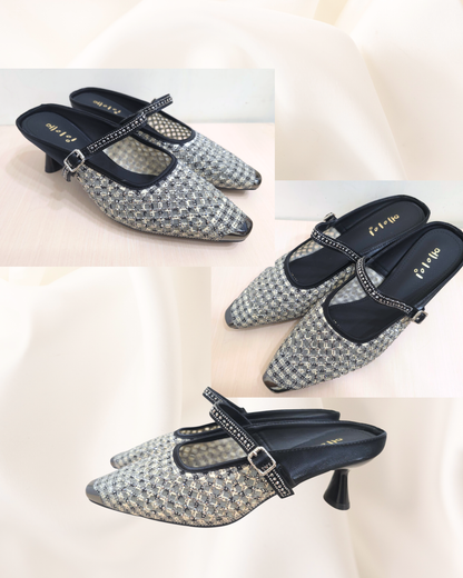 ROF6060 Rhinestone Plaid Mid-Heel Mules