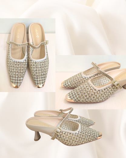 ROF6060 Rhinestone Plaid Mid-Heel Mules
