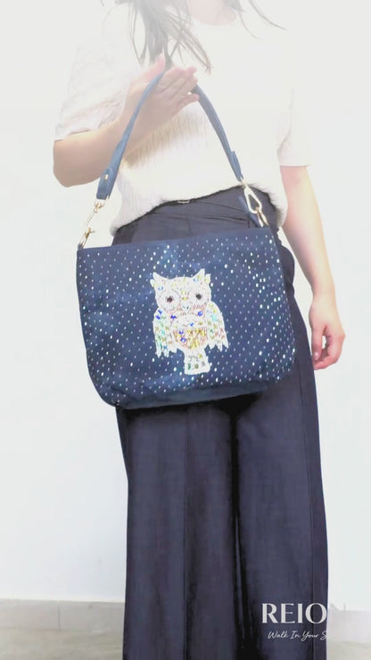 RO81976BMY Shimmering Owl Denim Shoulder Bag
